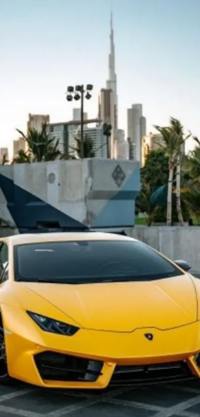 Sleek yellow sports car with Dubai skyline.