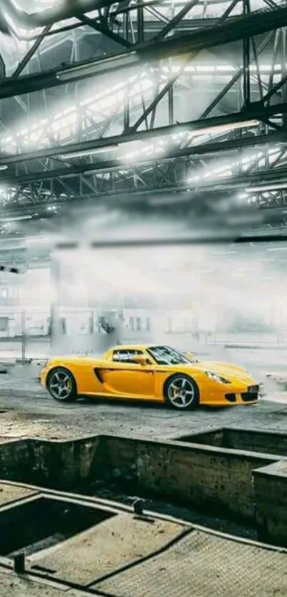 Vibrant yellow sports car in an industrial setting, exuding luxury and dynamism.