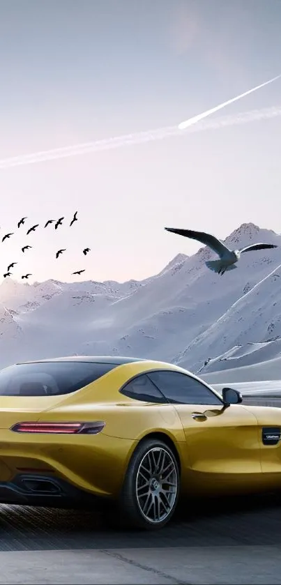 Yellow sports car on a mountain road with birds flying.