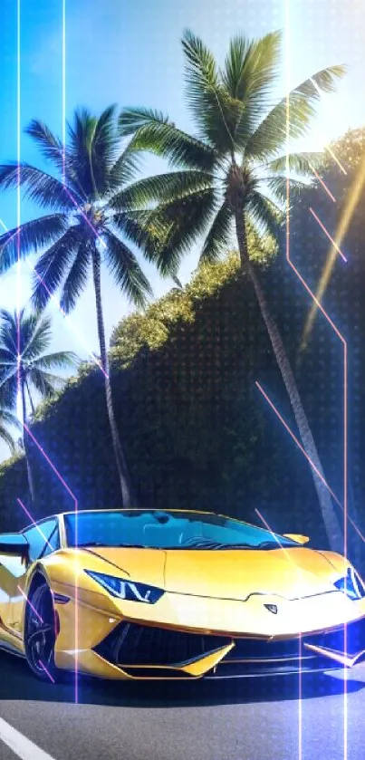 Yellow sports car on a tropical road with palm trees under sun.