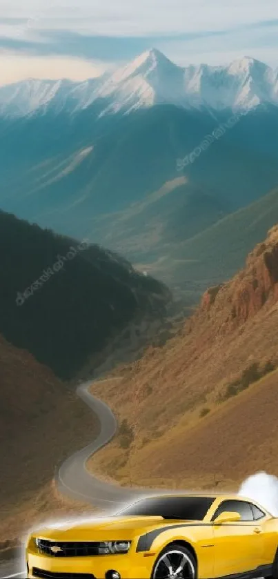 Yellow sports car navigates scenic mountain road with snow-capped peaks.