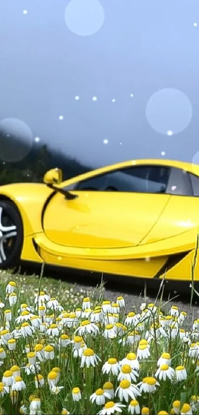 Yellow sports car on scenic countryside road with flowers in foreground.