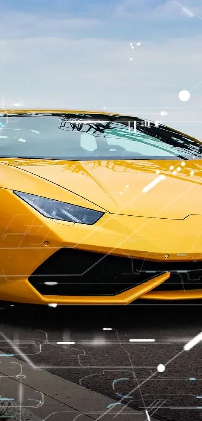 Yellow sports car driving down a scenic urban road.