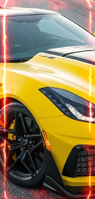 Yellow sports car on an empty road, showcasing sleek design.