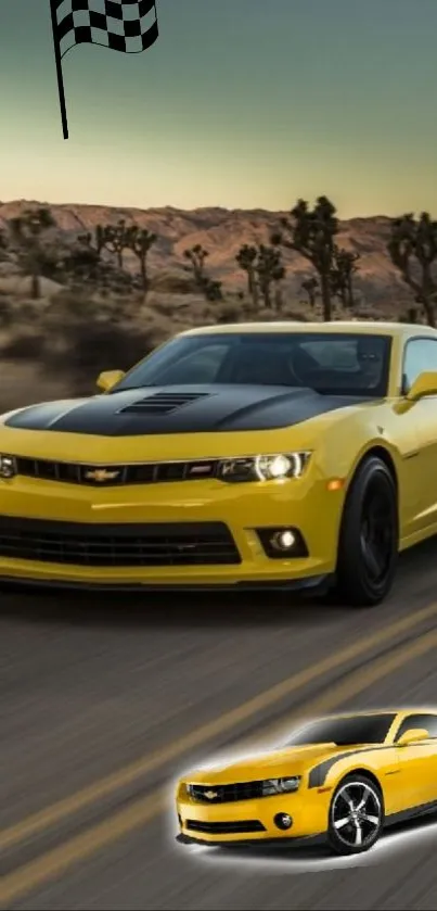 Yellow sports car racing on a desert road with a small inset car.