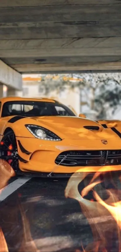 Yellow sports car parked in urban setting.