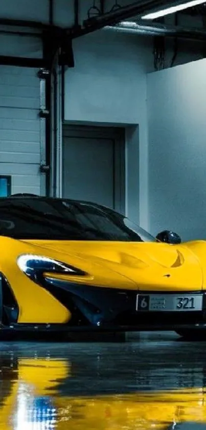 Yellow sports car in a sleek garage setting with reflective floor.