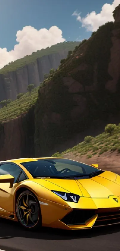 Yellow sports car on scenic mountain road wallpaper.