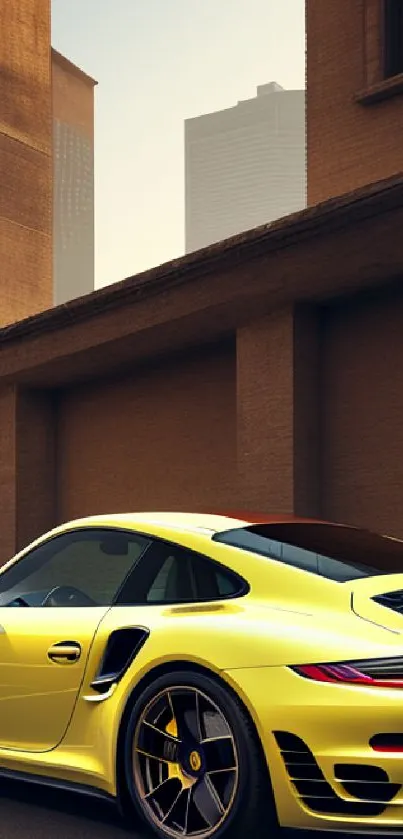 Yellow sports car on an urban street with tall buildings.