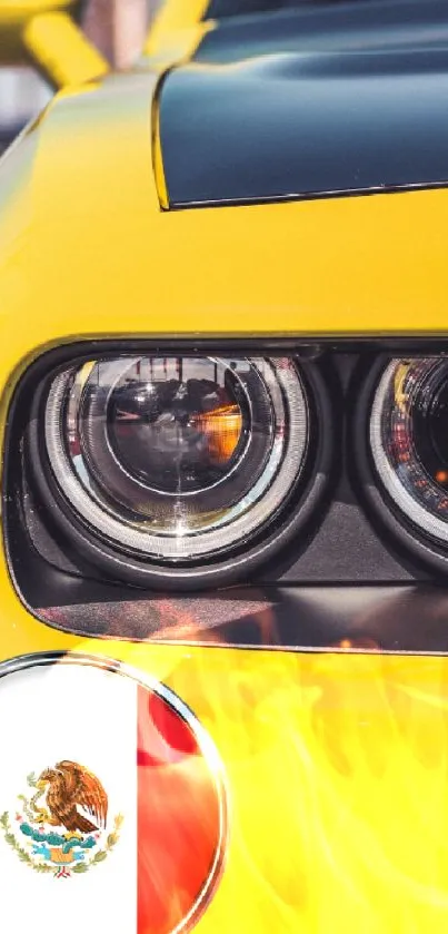 Vibrant yellow sports car with Mexican flag badge on hood.