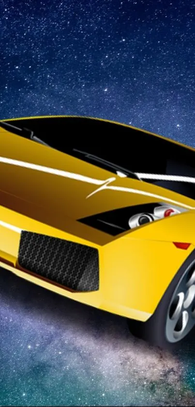 Yellow sports car with galaxy backdrop.