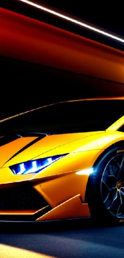 Wallpaper of a sleek yellow sports car in a dimly lit setting.