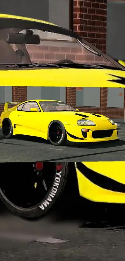 Yellow sports car with custom design and racing style in parking lot.