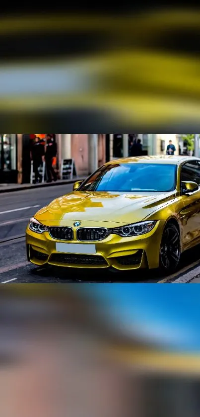 Yellow sports car parked on an urban street.