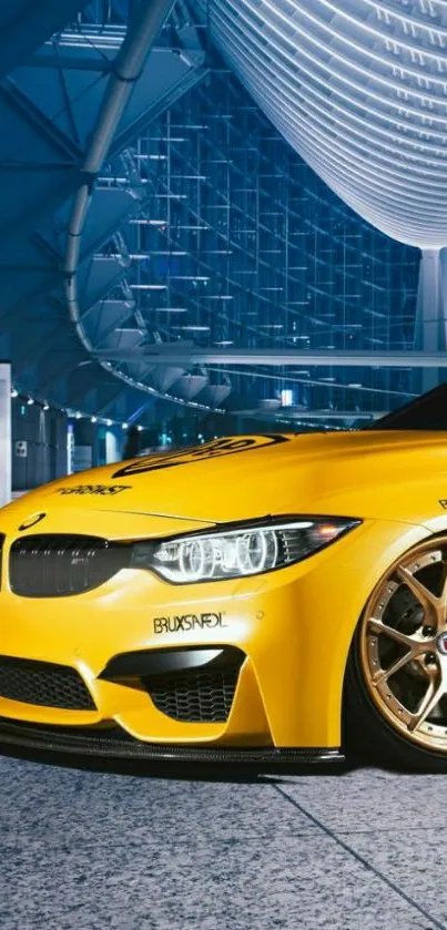 Yellow sports car with cityscape background, sleek and modern design.