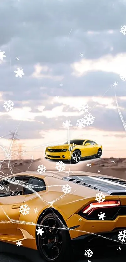 Yellow sports car in snowy desert scene with falling snowflakes.