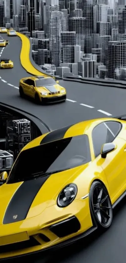 Yellow sports cars driving through a futuristic cityscape.