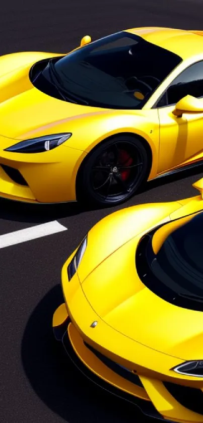 Two vibrant yellow sports cars on a racetrack.