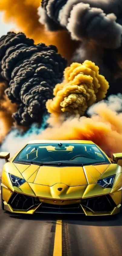 Yellow supercar driving through vibrant smoke on a road.