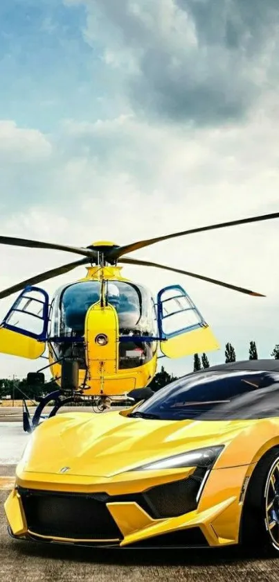 Yellow supercar and helicopter on airstrip.