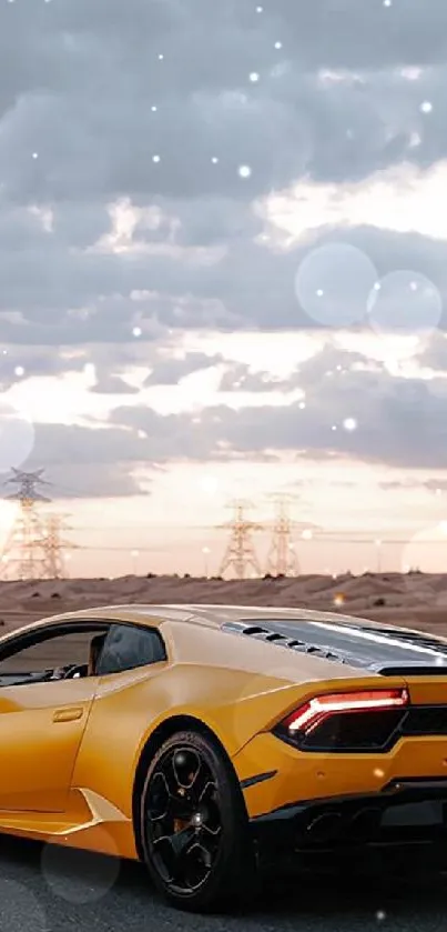 Yellow supercar driving on a desert road with a cloudy sky backdrop.