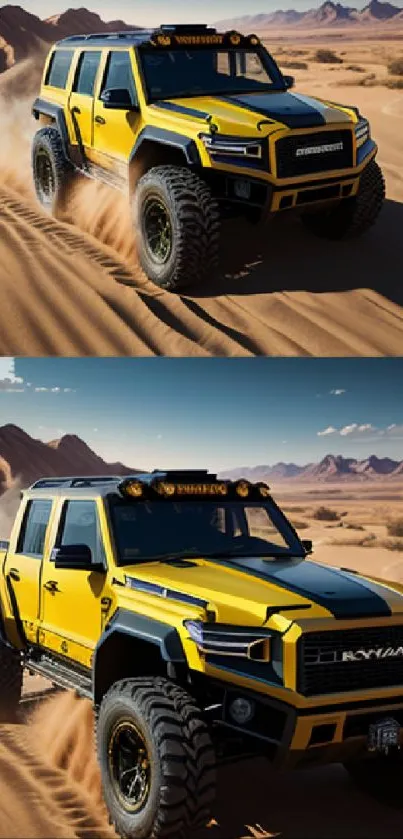 Yellow SUV driving through desert sand dunes with a scenic backdrop.