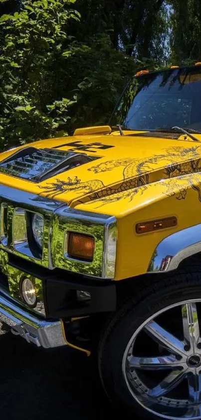 Yellow SUV with custom design in nature.