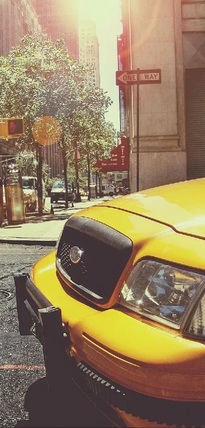 Yellow taxi on sunny city street with buildings.