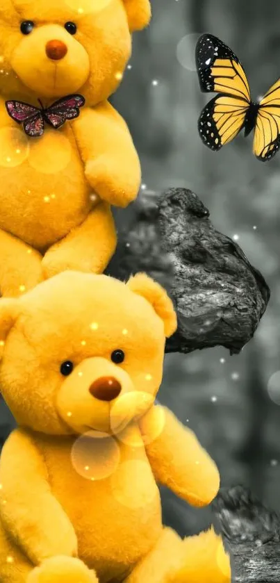Yellow teddies with butterfly on gray background.