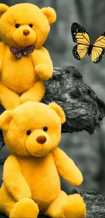 Yellow teddy bears and butterfly on a branch mobile wallpaper.