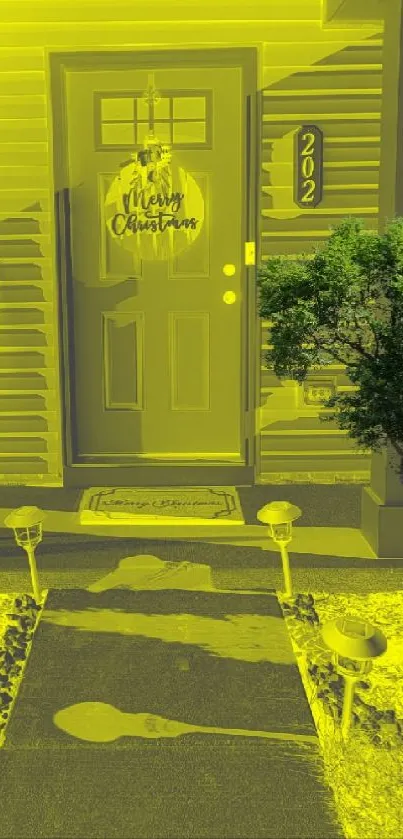 Yellow-tinted front porch with welcome sign.