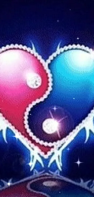 Yin and Yang heart design with blue and red colors on mobile wallpaper.