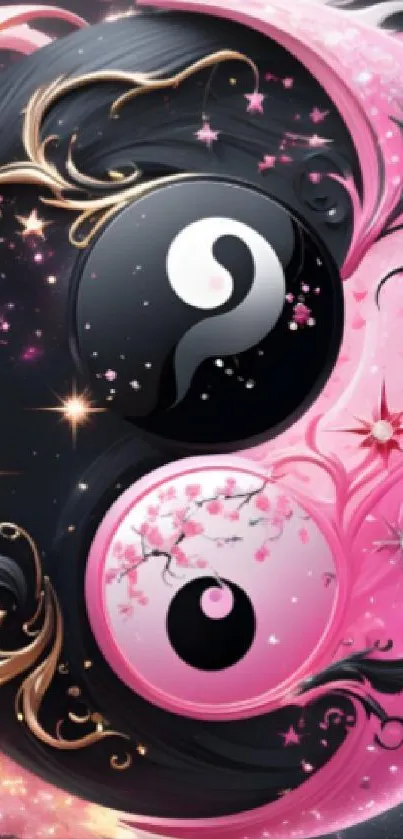 Yin Yang mobile wallpaper with black and pink cosmic design.