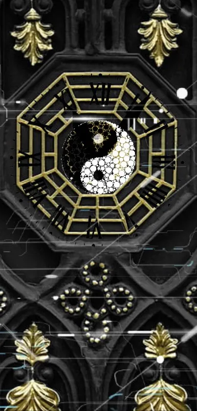 Intricate yin yang clock design on a black and gold themed wallpaper.