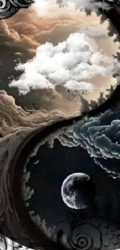 Yin Yang cosmic art wallpaper with celestial theme.