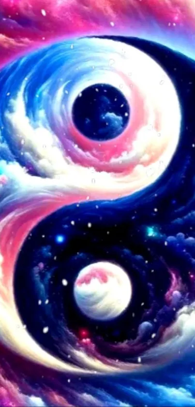 Yin Yang cosmic art wallpaper with vibrant colors.