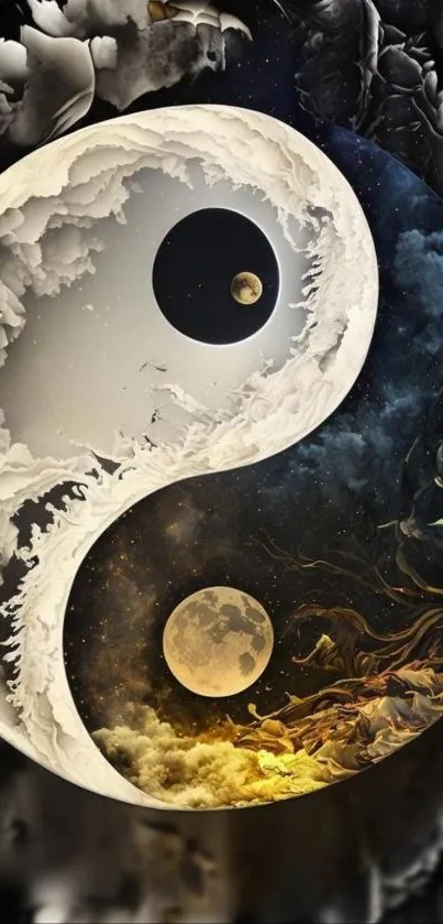 Yin Yang cosmic art with moons and mystical textures.