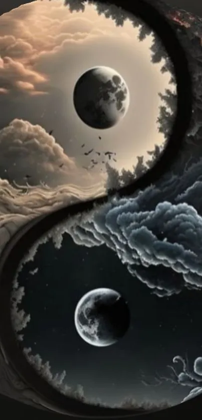 Yin Yang cosmic art depicting balance with clouds and moons.