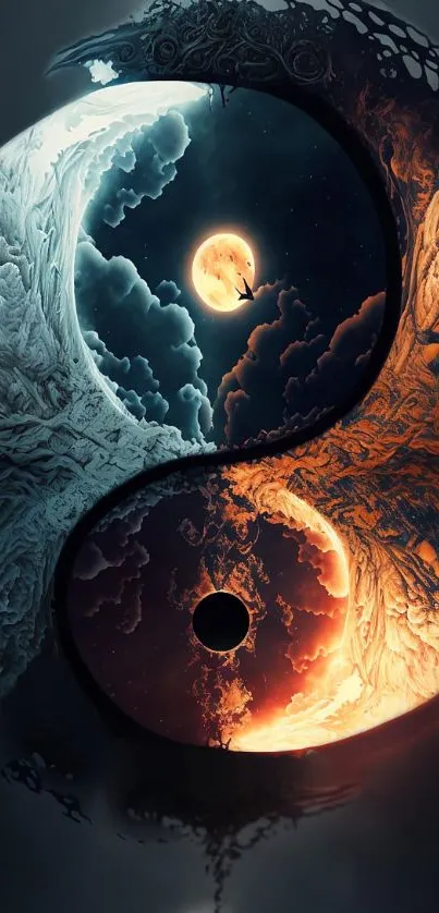 Yin yang cosmic duality wallpaper with dark blue and orange hues.