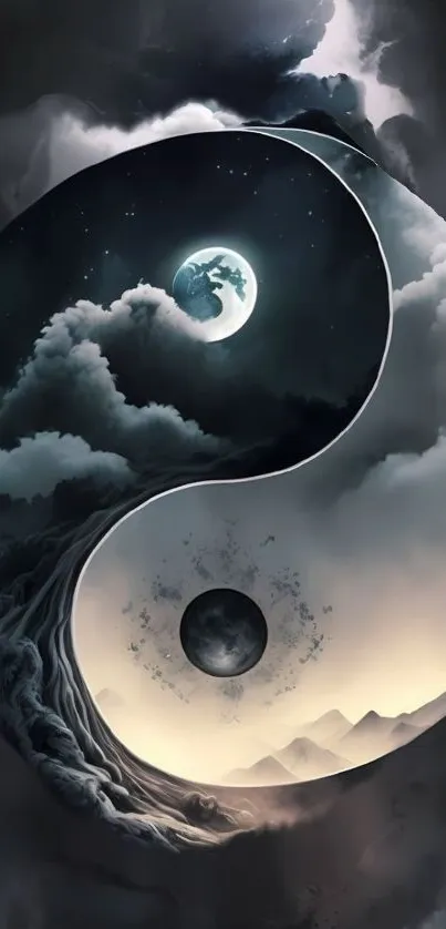 Yin Yang cosmic wallpaper with moon and clouds in a harmonious design.