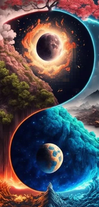 Yin Yang cosmic landscape wallpaper with vibrant colors.