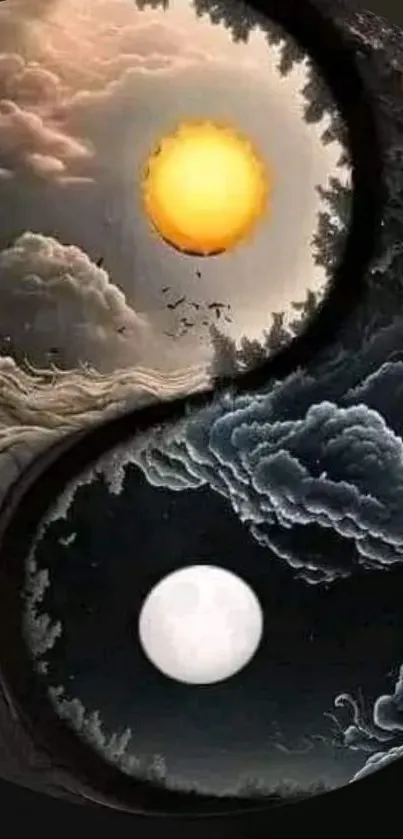 Yin Yang cosmic sky wallpaper with sun and moon contrast.