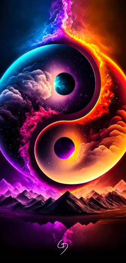 Vivid cosmic Yin Yang with bright colors on a mystical landscape.