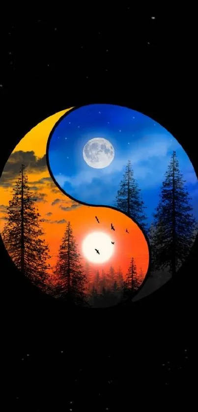 Yin Yang wallpaper with day and night symbolism and silhouetted trees design.