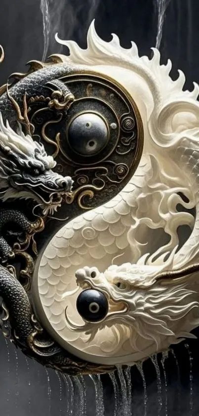 Intricate yin yang dragon wallpaper in black and white design.