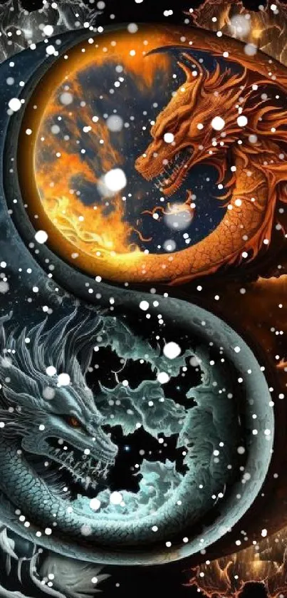 Yin yang dragons with fiery and icy elements in artistic design.