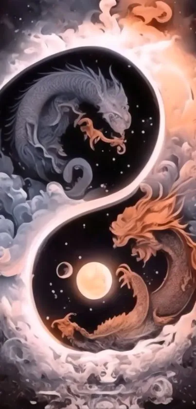 Intricate Yin Yang dragon artwork with cosmic background.