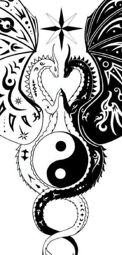 Mystical dragon yin yang design in black and white theme.