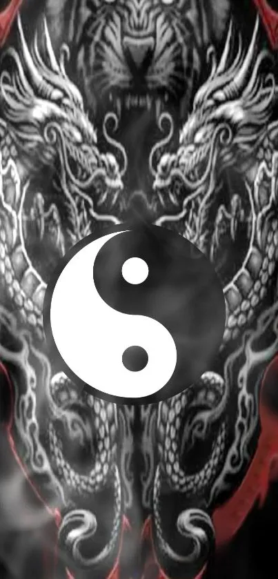 Yin Yang symbol with mystical dragon design in black and red hues.