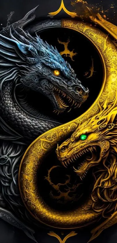 Black and gold Yin Yang dragon wallpaper design.